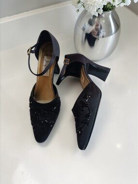 Jessica "Trifle" Vintage Y2K Beaded Black Satin D’Orsay Pumps | Size 8